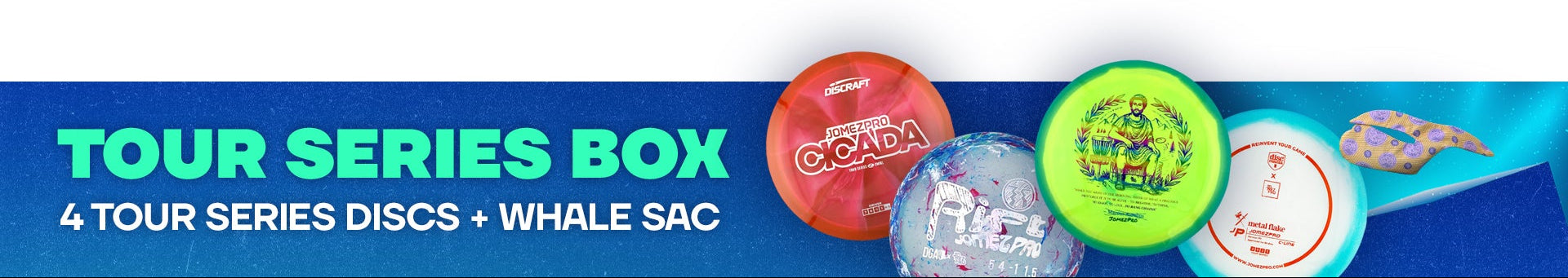 Promotional image for a 'Tour Series Box' with colorful discs and a whale sac on a white background.