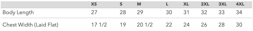 James Conrad Tee Sizing Chart Unisex