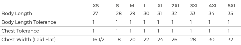 JomezPro Shirt Sizing Chart