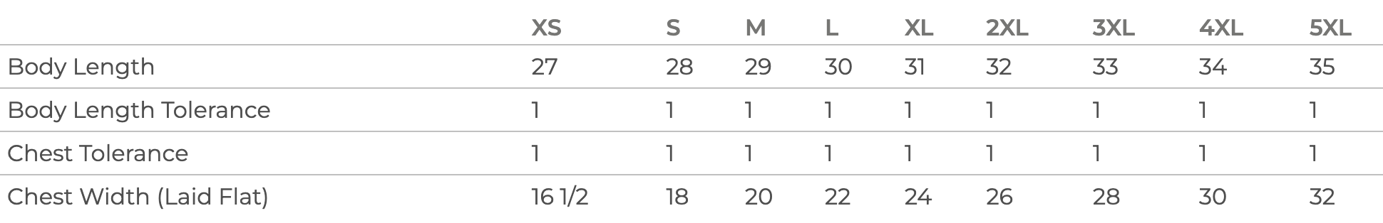 JomezPro Jomiez Tee Size Chart