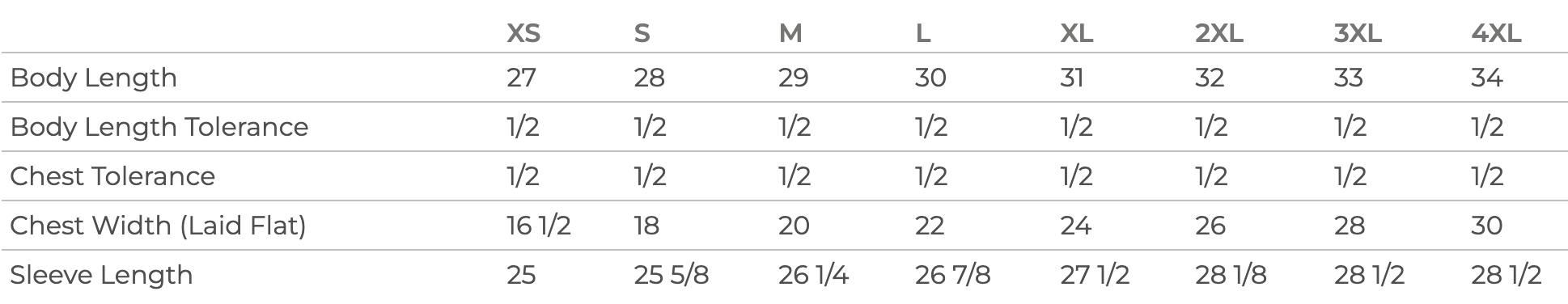 JomezPro Long Sleeve Tee Sizing Chart